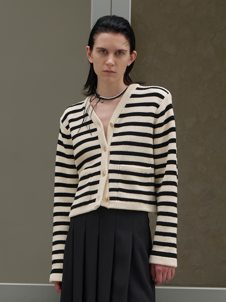 Atelier Nain Stripe Structured V-neck Knit Jacket