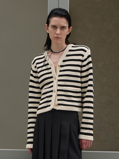 Atelier Nain Stripe Structured V-neck Knit Jacket