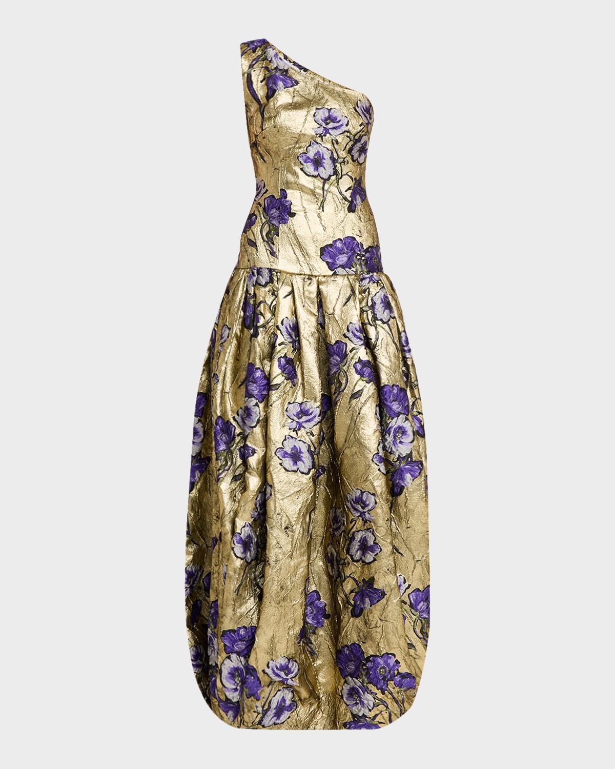 Atelier Prabal Gurung One-Shoulder Metallic Floral Jacquard Drop-Waist Bubble Gown