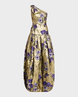 Atelier Prabal Gurung One-Shoulder Metallic Floral Jacquard Drop-Waist Bubble Gown