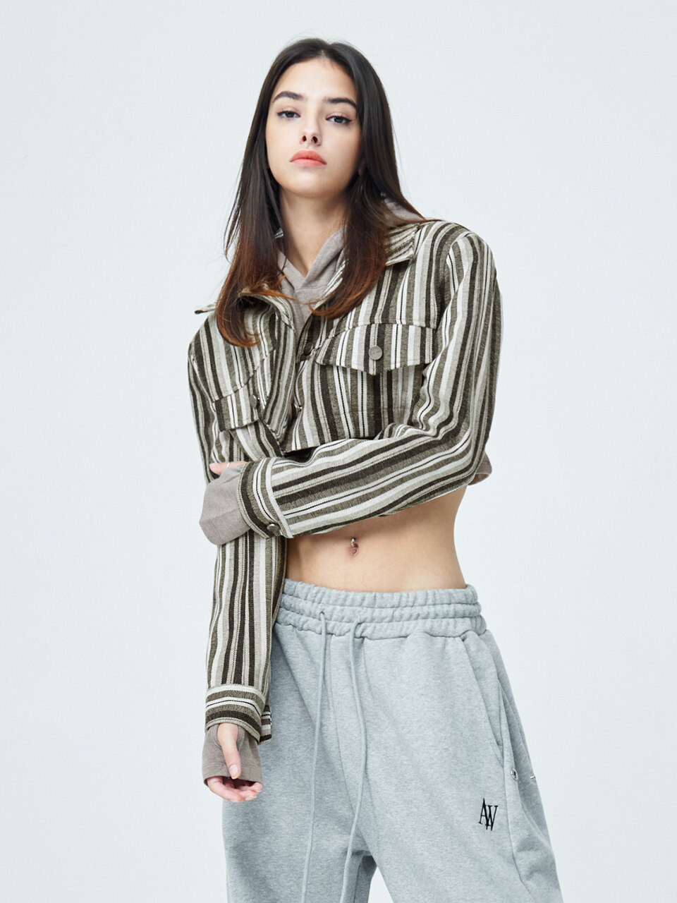 ATTENTIONROW FOR WOMEN Stripe Overfit Trucker Short Jacket (Brown)