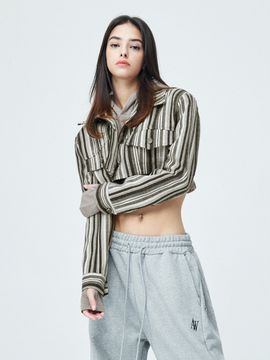 ATTENTIONROW FOR WOMEN Stripe Overfit Trucker Short Jacket (Brown)