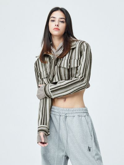 ATTENTIONROW FOR WOMEN Stripe Overfit Trucker Short Jacket (Brown)