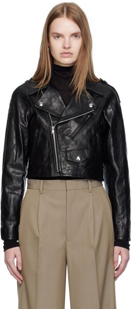 AURALEE AURALEE Black Cropped Riders Lamb Leather Jacket