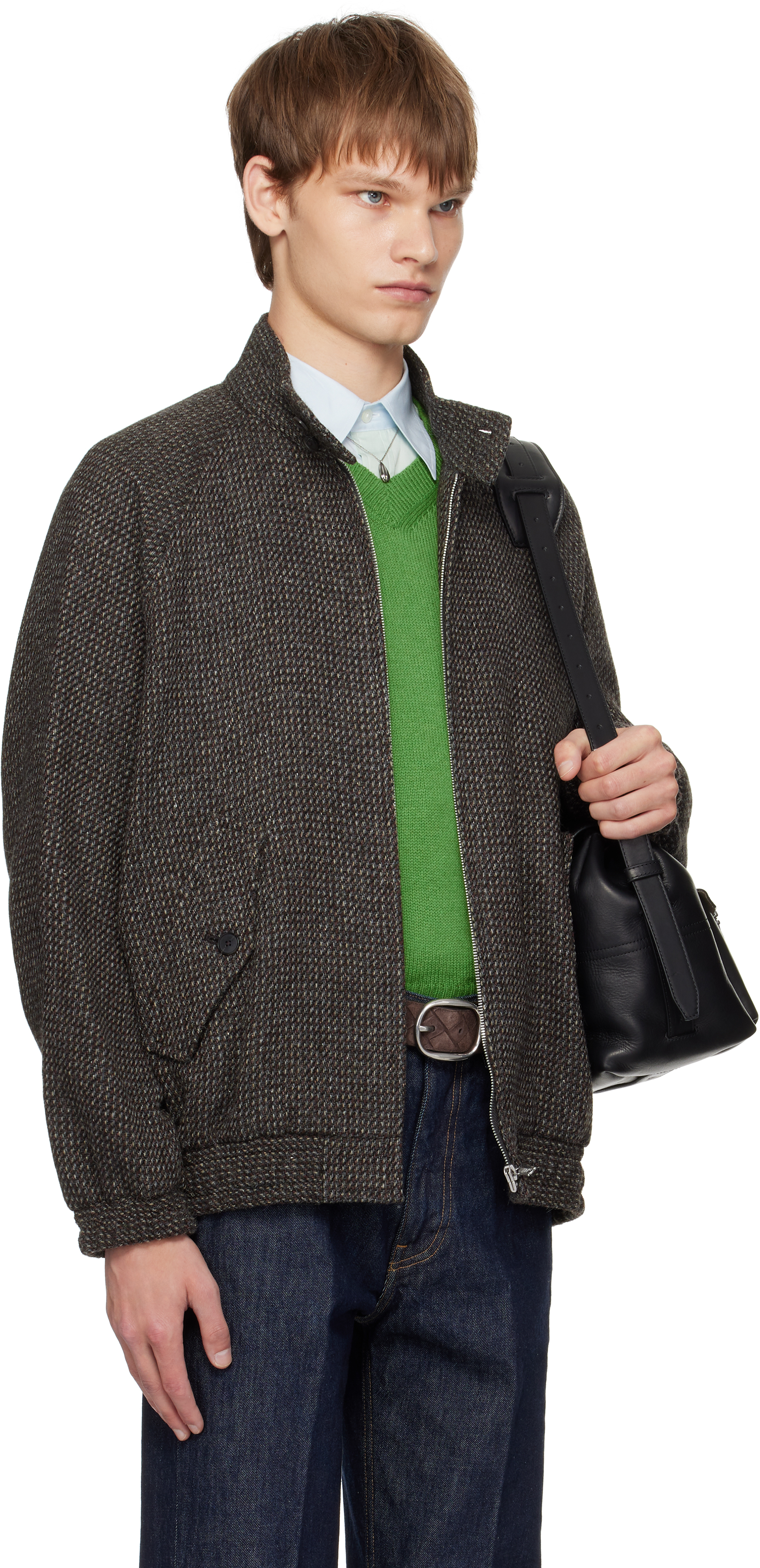 AURALEE - Brown & Gray Alpaca Wool Silk Tweed Zip Blouson Jacket