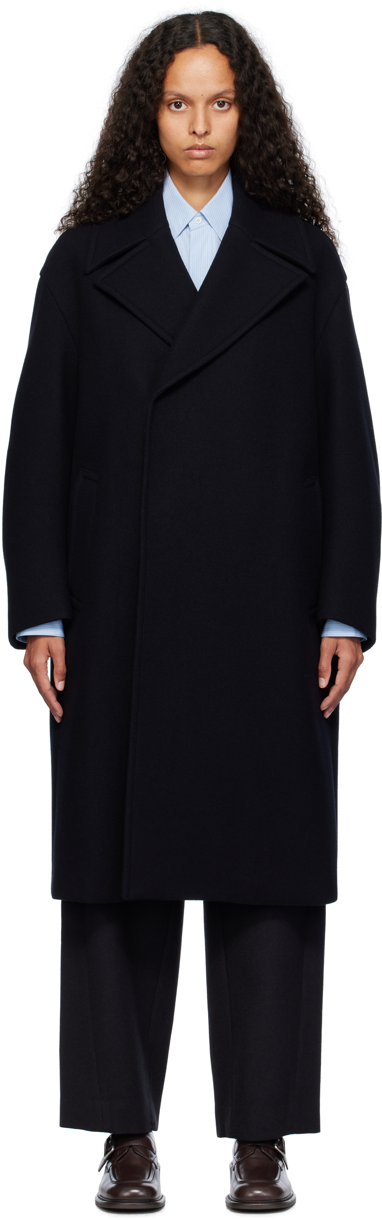 AURALEE - Navy Sponge Wool Melton Double-Breasted Coat