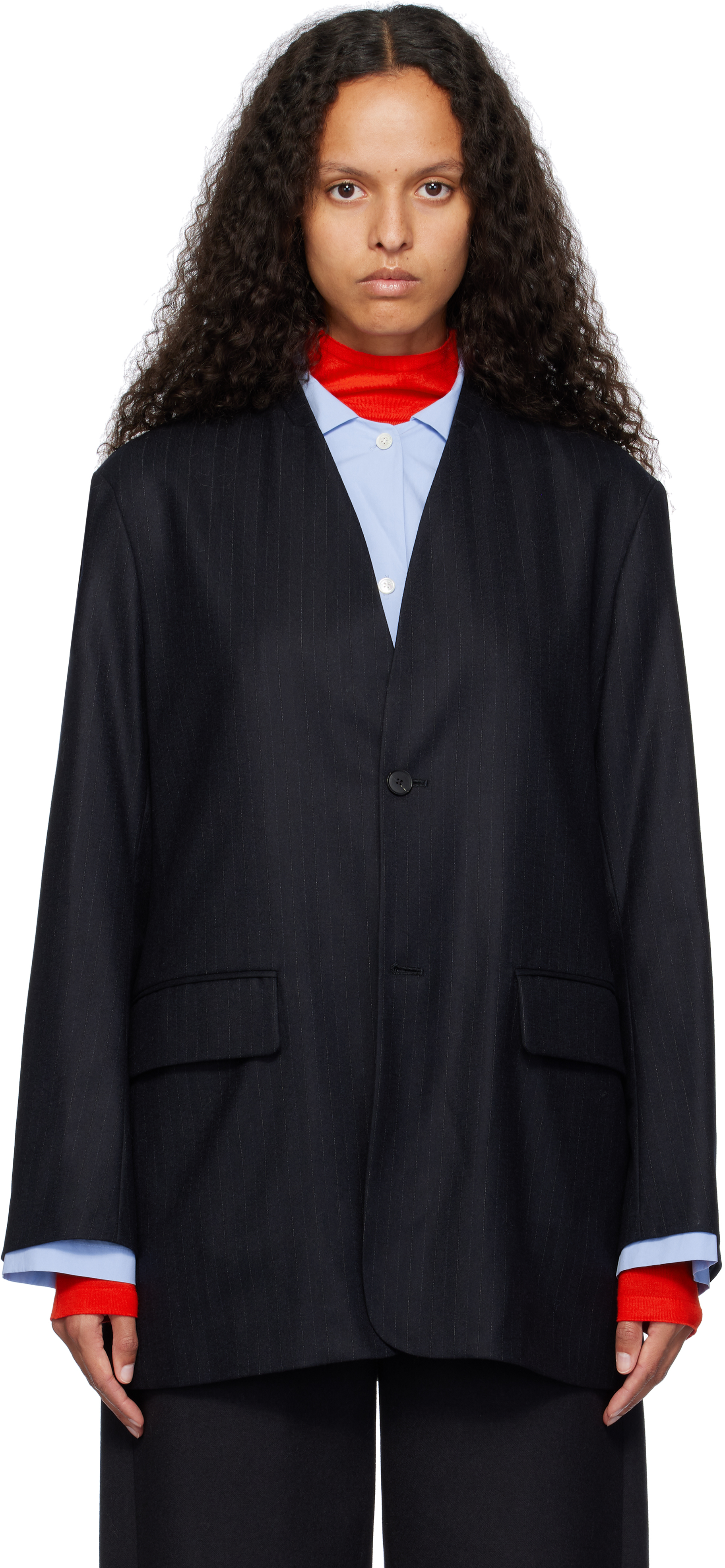 AURALEE - Navy Wool Fulling Flannel Stripe Blazer