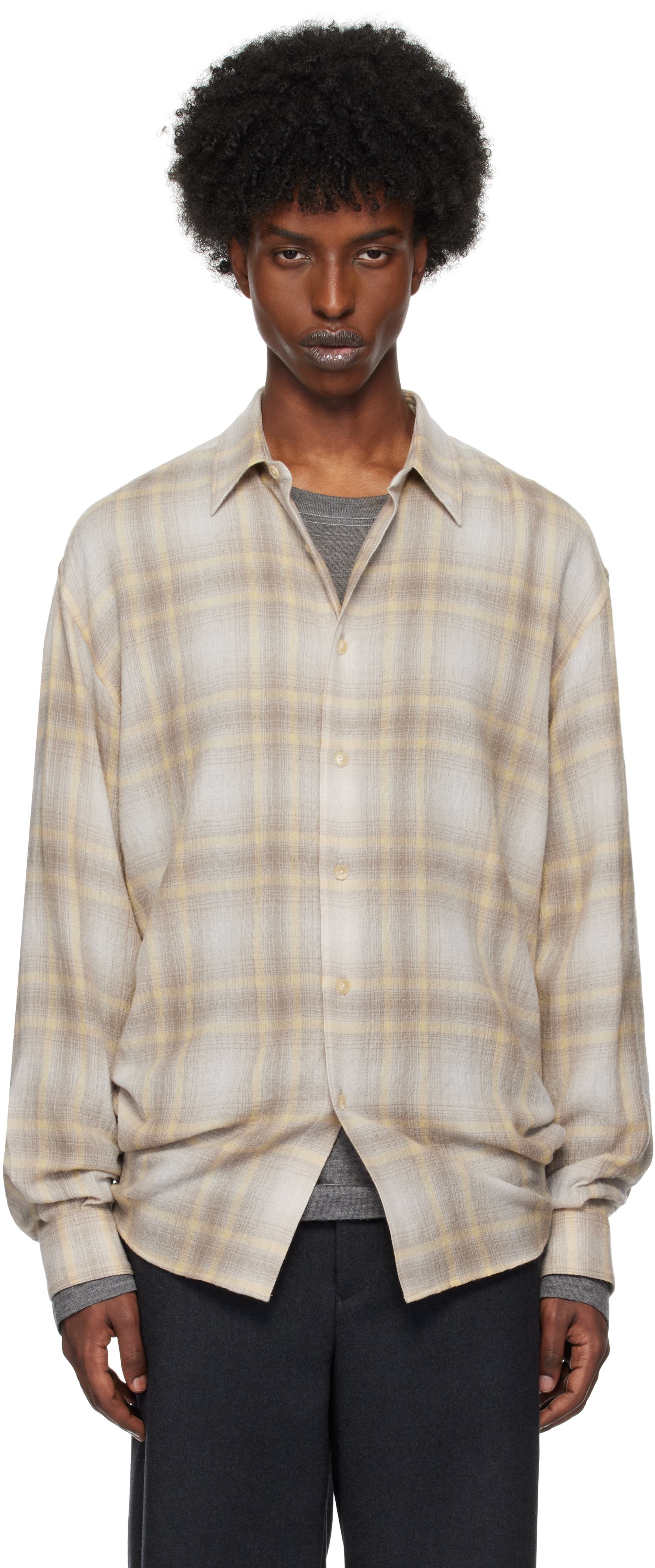 AURALEE - Yellow & Gray Airy Wool Check Shirt