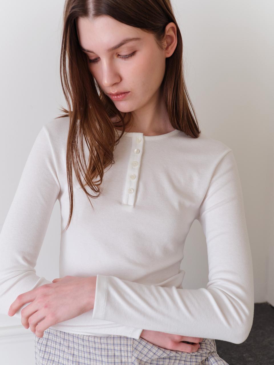 autrement Polyester Rayon Button Crew Neck T-shirt [WHITE]