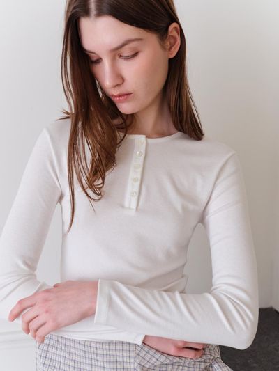 autrement Polyester Rayon Button Crew Neck T-shirt [WHITE]