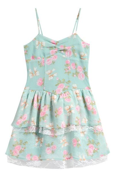 Ava & Yelly Ava & Yelly Kid's Floral Lace Trim Chiffon Tiered Dress