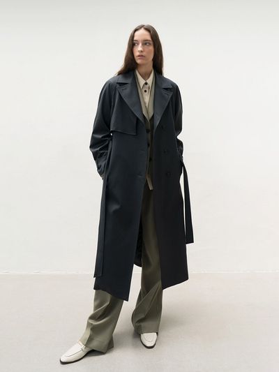 AVA MOLLI Back Shirred Trench Coat_Dark Green