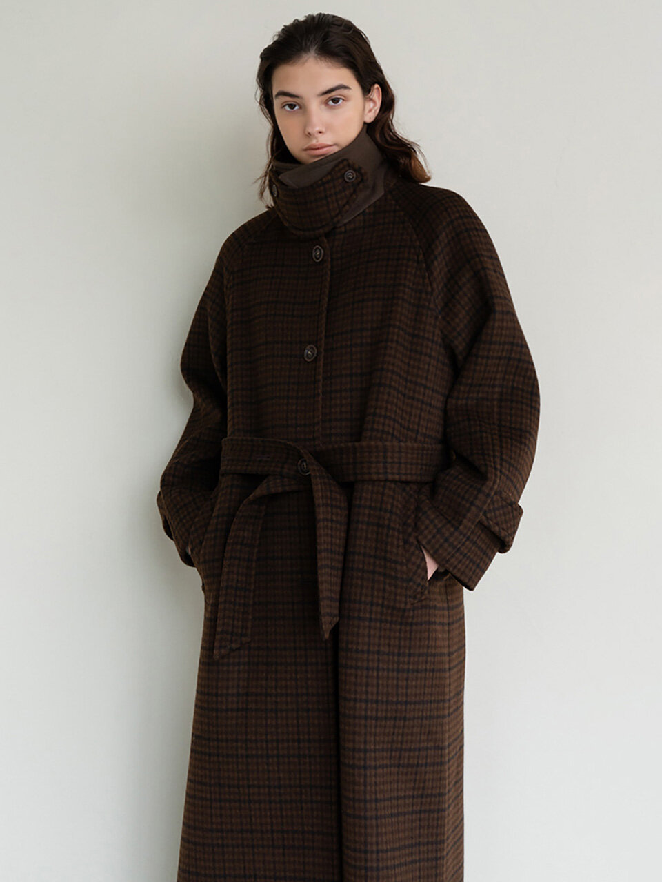 AVA MOLLI Check Balmacaan Single Coat (Brown Check)
