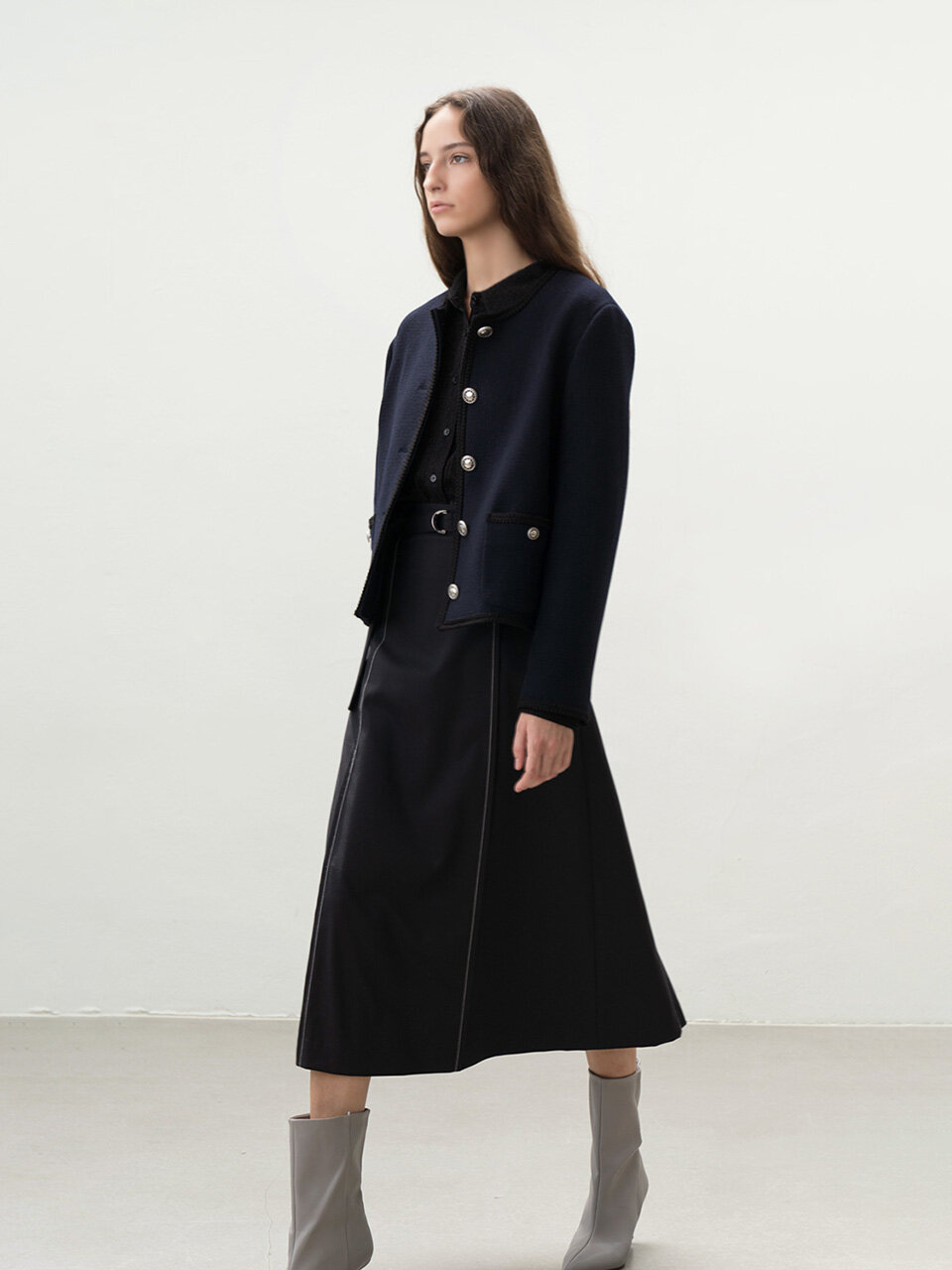 AVA MOLLI Collarless Tweed Jacket_Navy