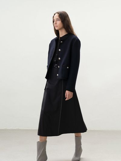 AVA MOLLI Collarless Tweed Jacket_Navy