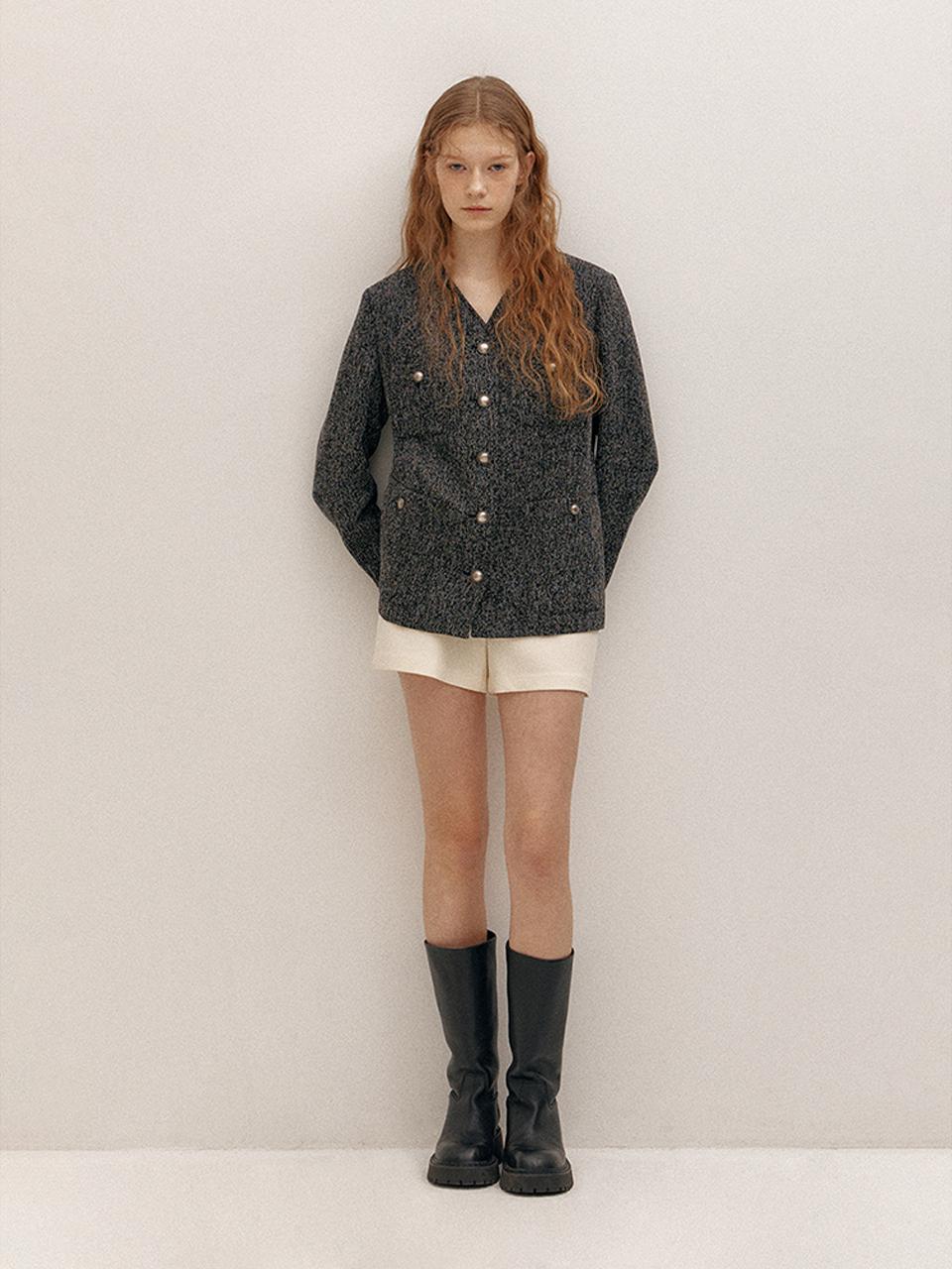 AVA MOLLI Collarless V-Neck Tweed Jacket