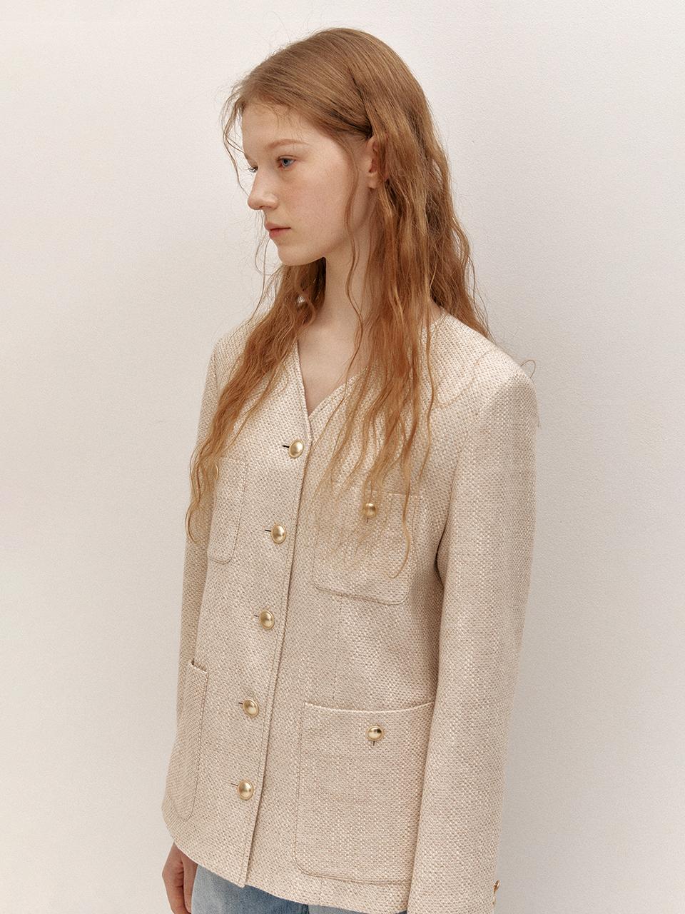 AVA MOLLI Collarless V-Neck Tweed Jacket (L/Beige)
