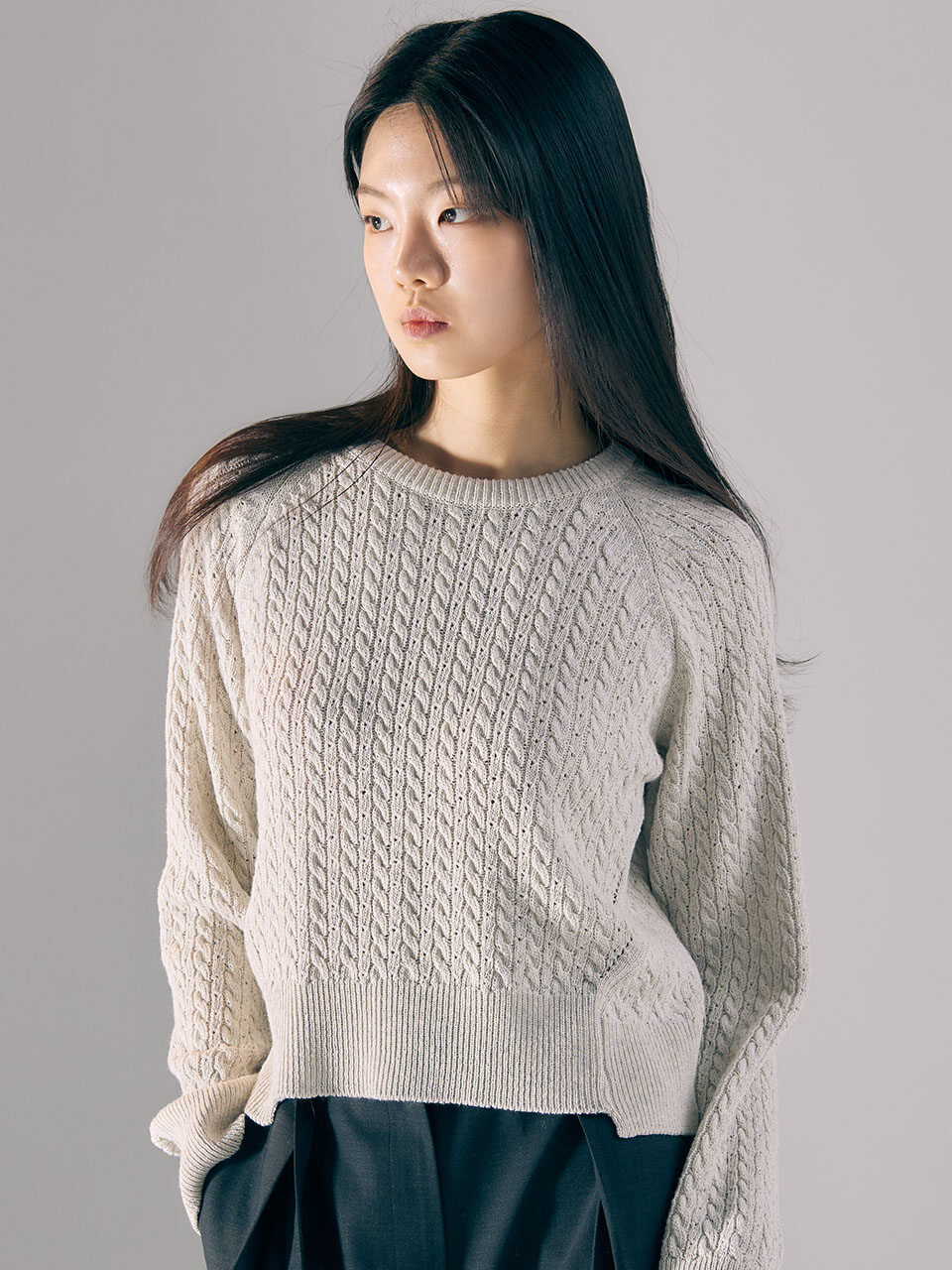AVA MOLLI Italy Cotton Cable Sweater (Light Grey)