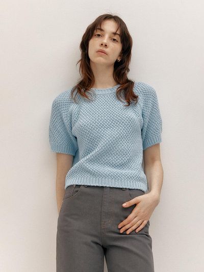 AVA MOLLI Round Neck Half Sleeves Knit (Sky Blue)