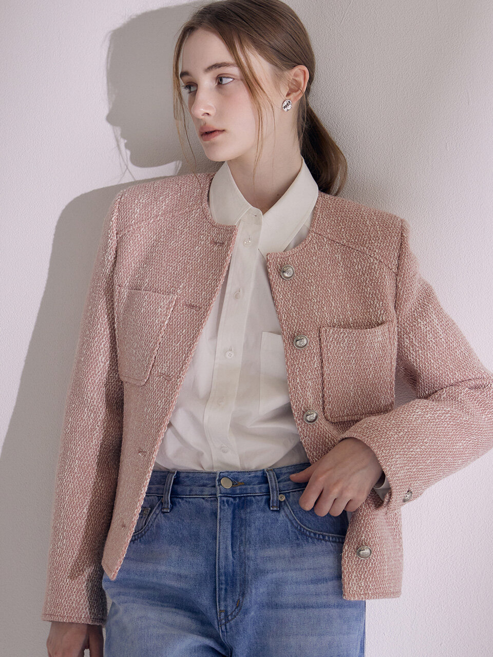 AVA MOLLI Slim-fit Single Tweed Jacket_Pink
