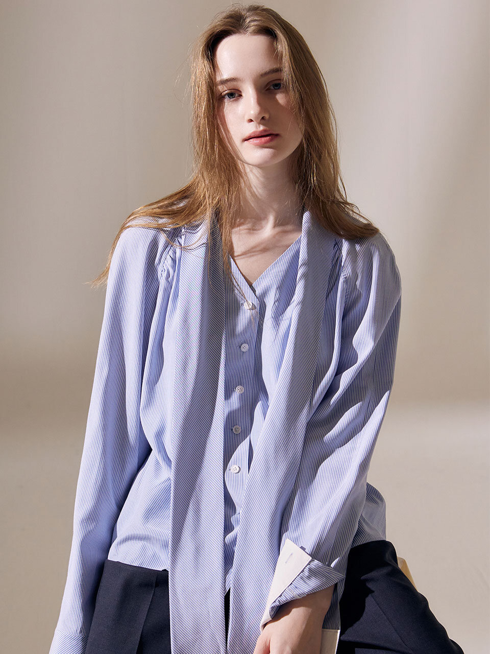 AVA MOLLI Stripe Tie Blouse (Blue)