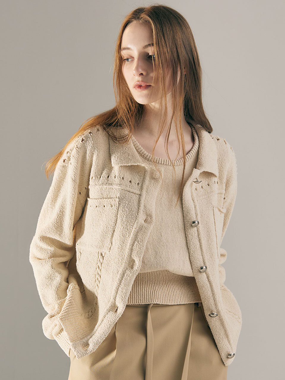 AVA MOLLI Trucker Detail Knit Cardigan (Natural)