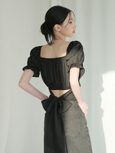 AVANDRESS Back Ribbon Square Short Sleeves Blouse _ Black