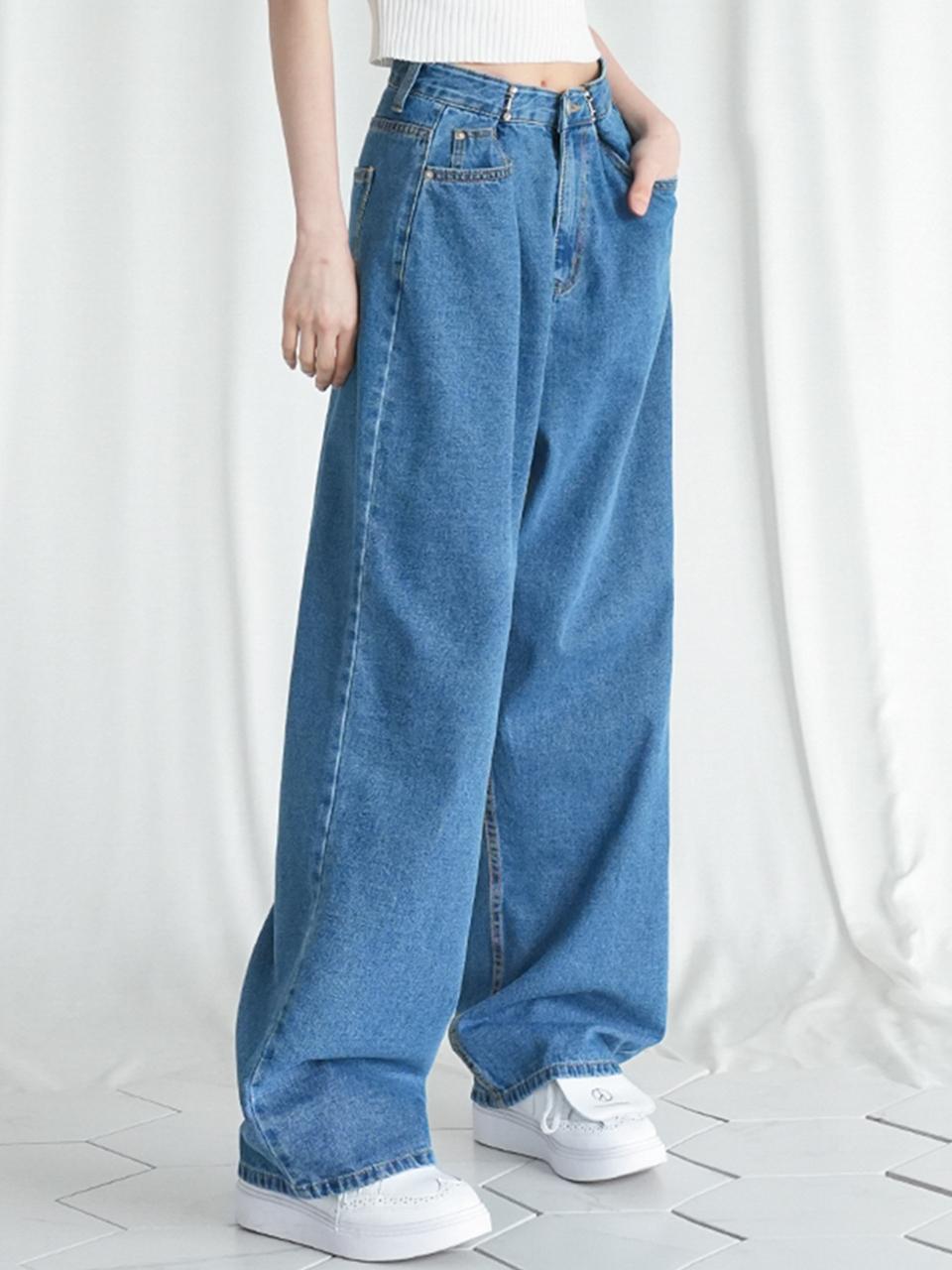 AVANDRESS Buckle Wide Cotton Denim Pants [Middleblue]