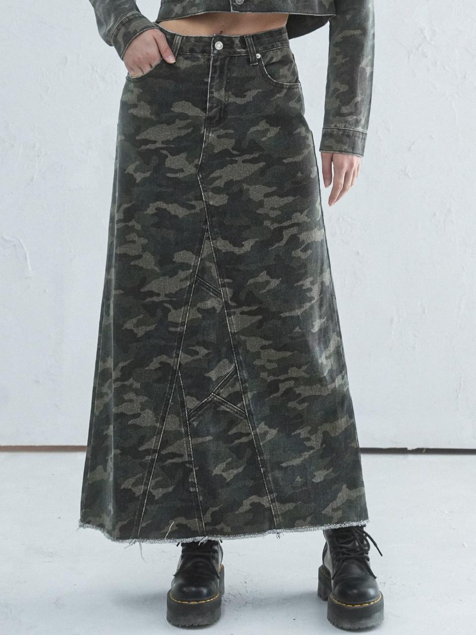 AVANDRESS Camouflage Long Denim Maxi Skirt [CAMO]