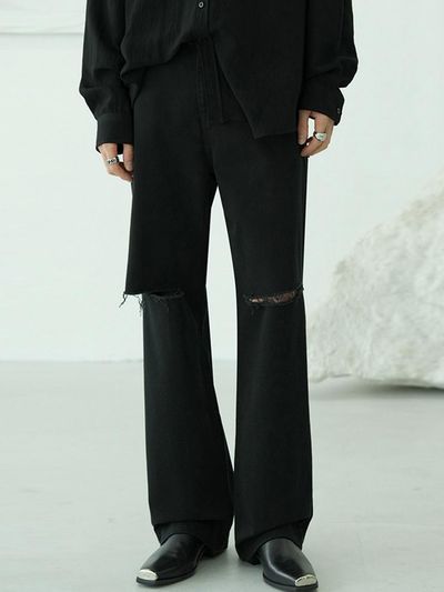 AVANDRESS Distressed Wide Denim Pants (Black)