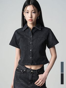 AVANDRESS Heart Slit Cropped Cotton Denim Shirt [Black, Blue Black]