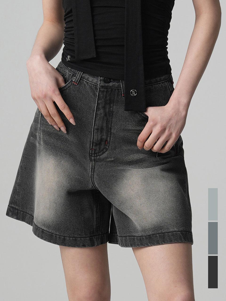 AVANDRESS High Waisted Cotton Stitch Denim Shorts [Beige/Blue/Light Blue]