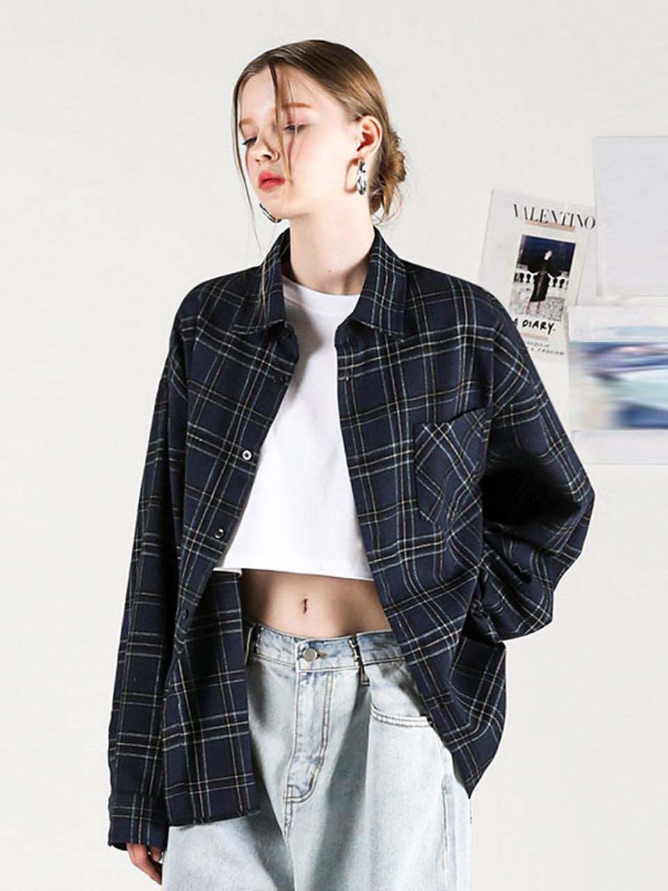 AVANDRESS Overfit Check Peach-Textured Shirt [Blue]