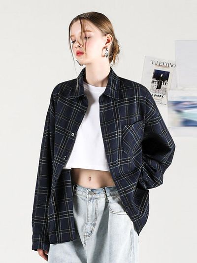 AVANDRESS Overfit Check Peach-Textured Shirt [Blue]