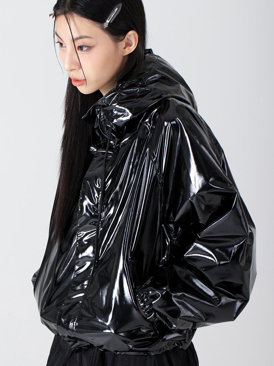 AVANDRESS Patent Faux Leather Hooded Jacket [Black]