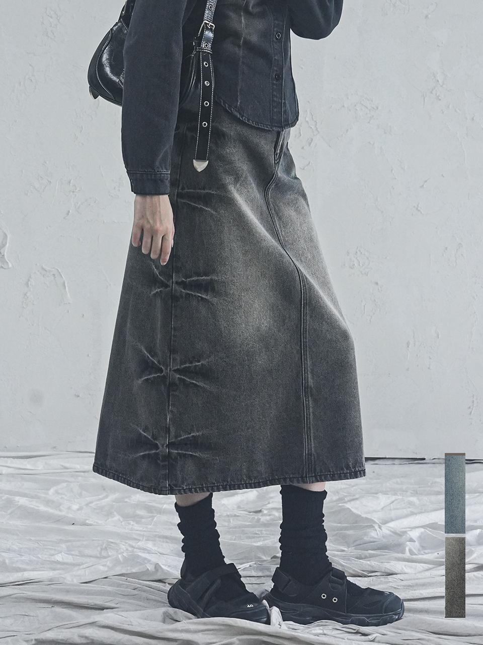AVANDRESS Pinch Long H-line Denim Maxi Skirt [Blue, Black]