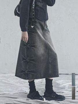 AVANDRESS Pinch Long H-line Denim Maxi Skirt [Blue, Black]