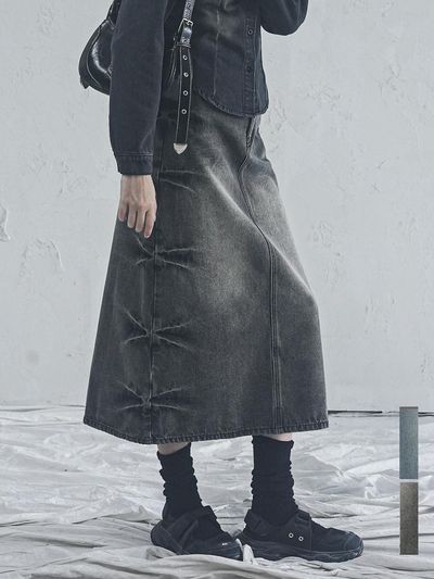 AVANDRESS Pinch Long H-line Denim Maxi Skirt [Blue, Black]