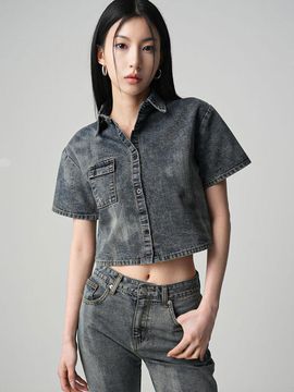 AVANDRESS Pocket Cropped Cotton Denim Shirt [INDIGO]