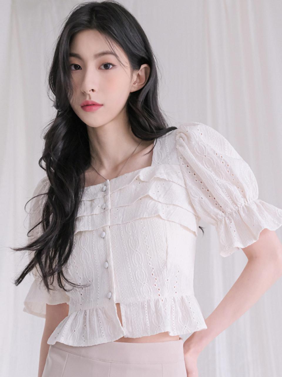 AVANDRESS Punching Frill Cotton Blend Blouse [WHITE]