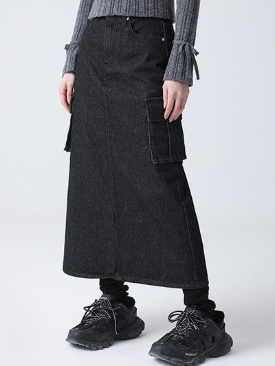 AVANDRESS Rynn Pocket Slit Denim Long Maxi Skirt [Black]