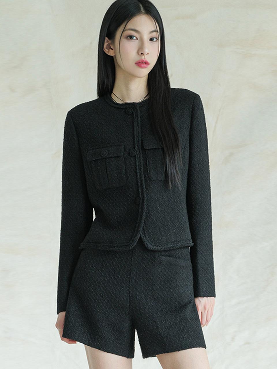 AVANDRESS Sara Round Tweed Jacket [BLACK]
