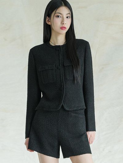 AVANDRESS Sara Round Tweed Jacket [BLACK]