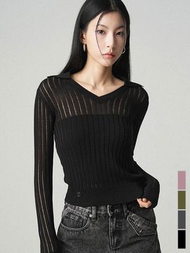AVANDRESS See-through V-neck Collar Linen Like Cardigan