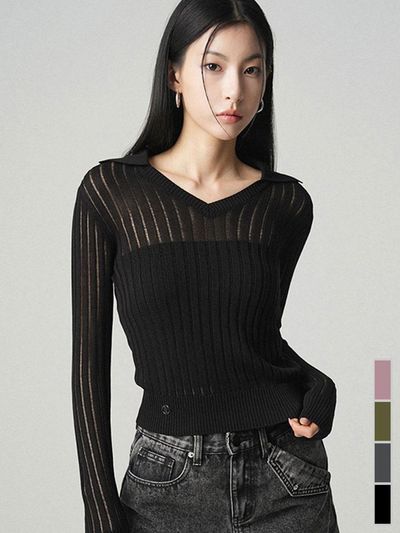 AVANDRESS See-through V-neck Collar Linen Like Cardigan