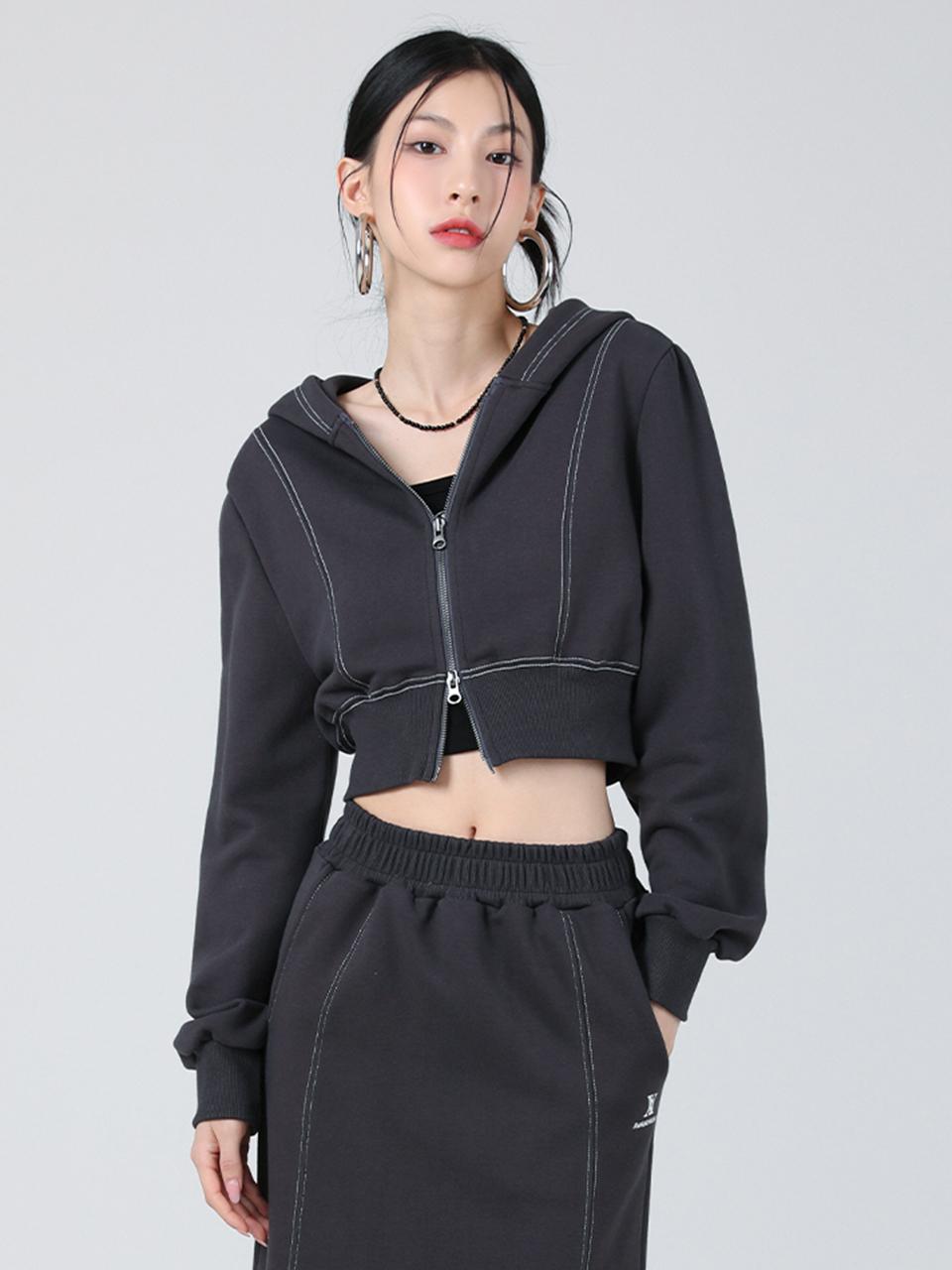 AVANDRESS Stitch Crop Hood Zip-up Hoodie [3COL]