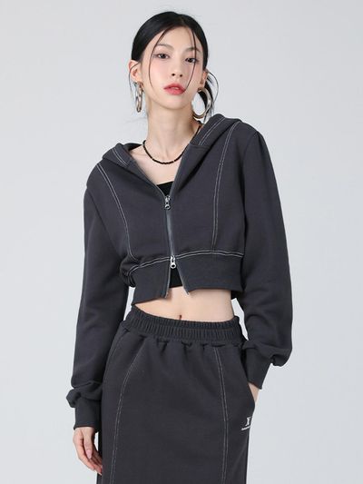 AVANDRESS Stitch Crop Hood Zip-up Hoodie [3COL]