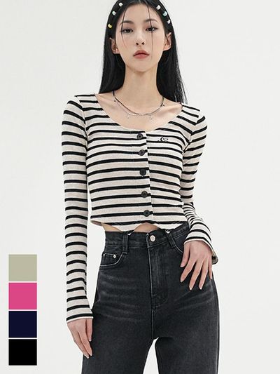 AVANDRESS Stripe Cropped Slim Fit Cardigan