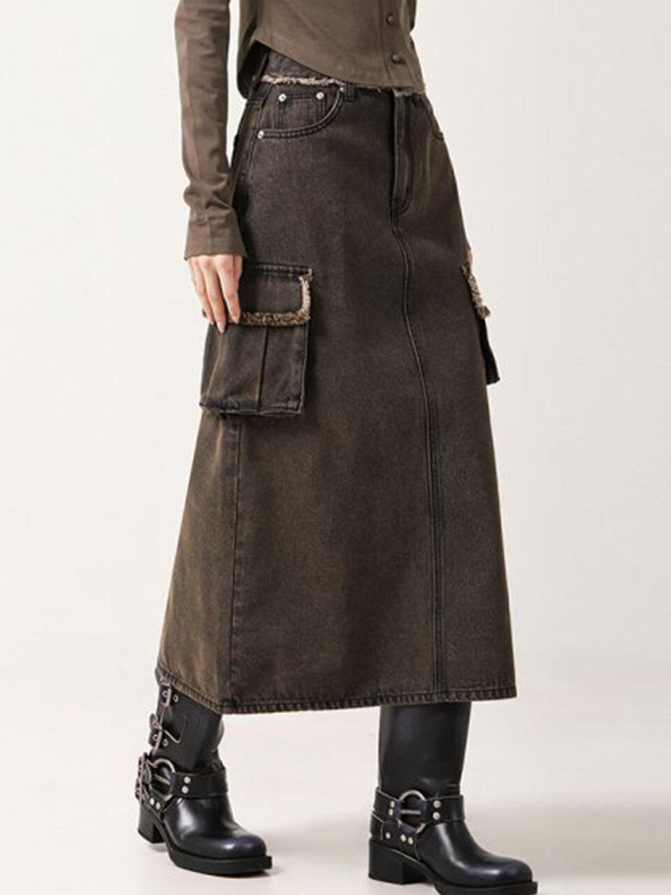 AVANDRESS Tassel Pocket Denim Long Skirt- 3COL