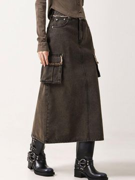AVANDRESS Tassel Pocket Denim Long Skirt- 3COL